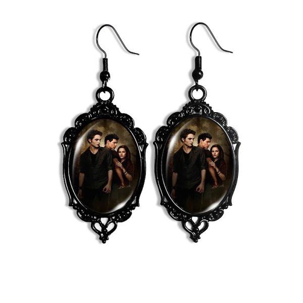 Gothic black lace oval dangle earrings with glass photo