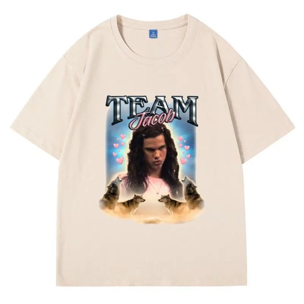 Funny Team Jacob fan collage printed oversized T-shirt for men and women, soft summer cotton with short sleeves.