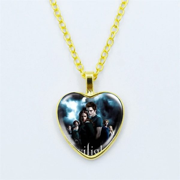 Twilight movie vampire necklace with glass heart pendant featuring Bella and Edward
