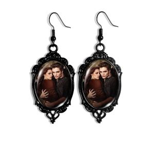 Gothic black lace oval dangle earrings with glass photo