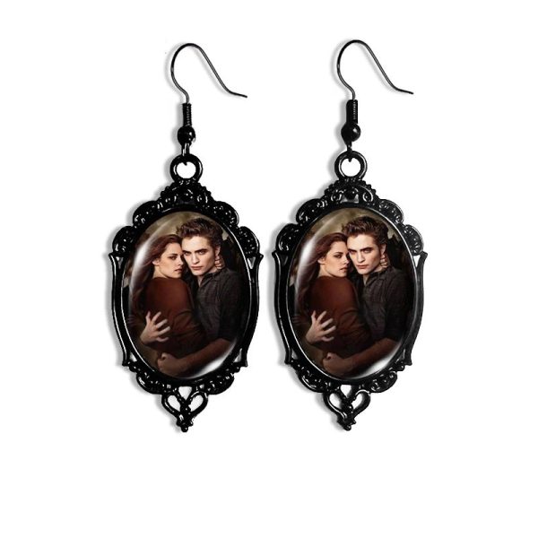 Gothic black lace oval dangle earrings with glass photo