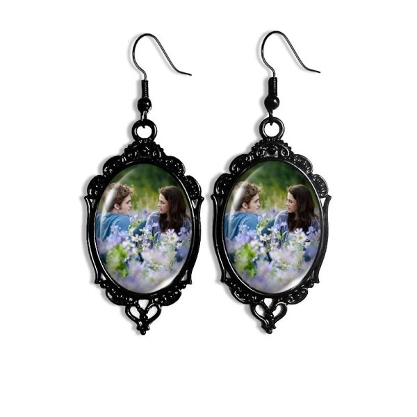 Gothic black lace oval dangle earrings with glass photo